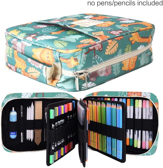 qianshan Pencil Case Holder Slot - Holds 202 Colored Pencils or 136 Gel Pens with Zipper Closure - Large Capacity Pen Organizer for Watercolor Pens or Markers - Perfect for Artist Durk Green Zoo