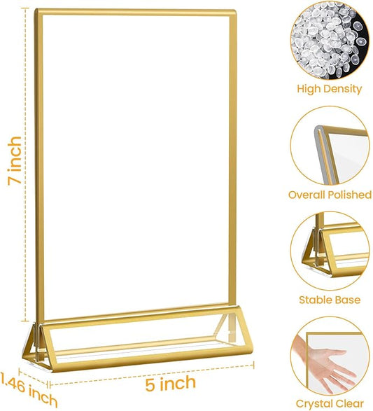 Smarpau Gold Acrylic Sign Holder 5x7, Double-Sided Display Stand, Clear Picture Frames/Flyer Holder/Menu Holder/Table Number for Wedding, Home, Offices(16Pcs)