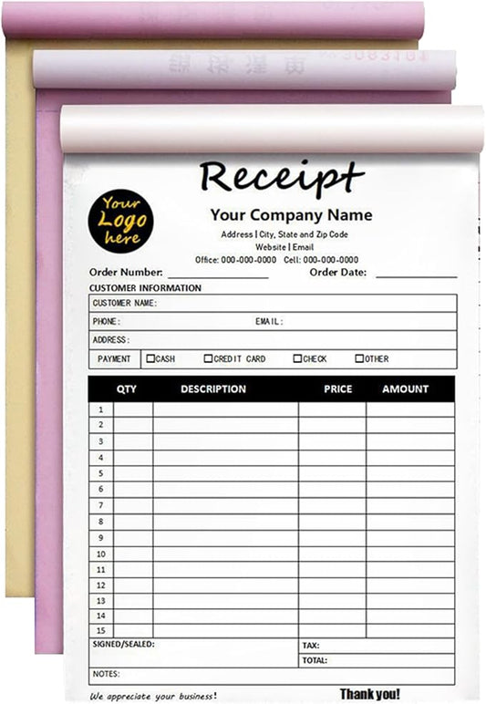 Custom Invoice Book in 3-Part /2-Part Receipt Book with Carbon Copies Personalized Carbonless Service Invoice Form Books Sales Order Book with Company Name Logo Address,D-Receipt Book with Logo