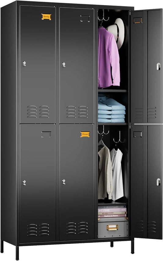 SUPEER 6 Doors Metal Locker for Employees with 18 Hooks and Business Card Holder,Metal Locker with Ventilation Holes for School Garage Office Gym Home,Assembly Required,Black