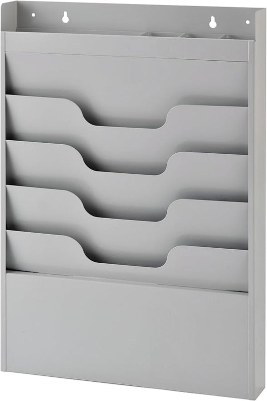 MAXXBUILD 4 Tier Wall Mounted File Organizer, Metal Task Rack for Office Documents, Mail & Folders, Space-Saving Office Wall Organizer, Graywhite 19.5”H