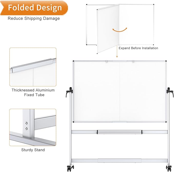VIZ-PRO Double-Sided Mobile Whiteboard, 60 x 48 Inches, Magnetic Rolling Dry Erase White Board on Wheels with Aluminium Frame and Stand 5' x 4'