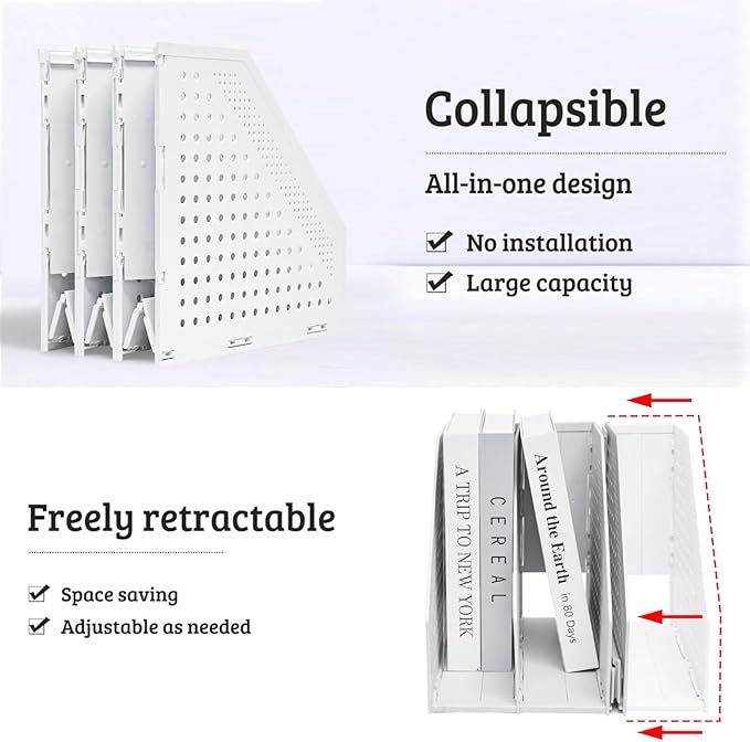 SAYEEC 2Pcs Collapsible Plastic Magazine File Holder Vertical Binder Storage Organizer for Desk Sturdy Upright Desktop Magazine Organizer Folder Rack for Office School Home (3 Compartments, Gray)