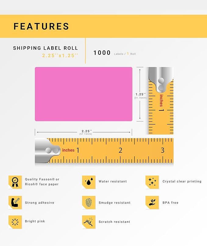 HOUSELABELS 2.25" x 1.25" Pink Address Labels on 1" Core Compatible with Zebra and Rollo Printers, 1 Roll / 1,000 Labels per Roll
