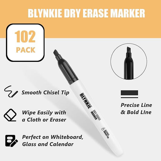 Blynkie Dry Erase Markers — Chisel Tip, Black, 102-Pack