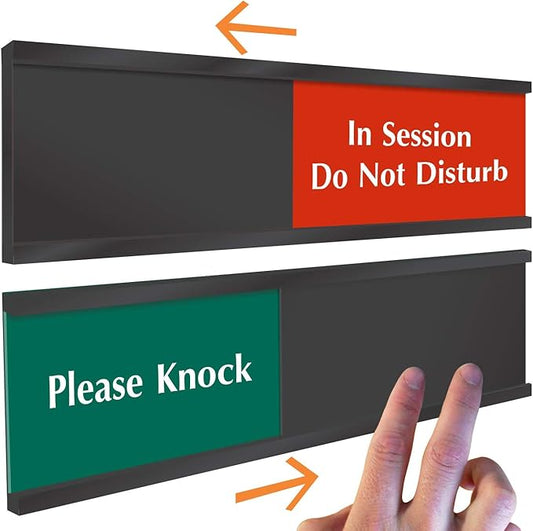 SmartSign In Session Do Not Disturb/Please Knock Slider Door Sign for Training, Office, Therapist, Conference | 2.25" x 10" Plastic Black, Made in USA
