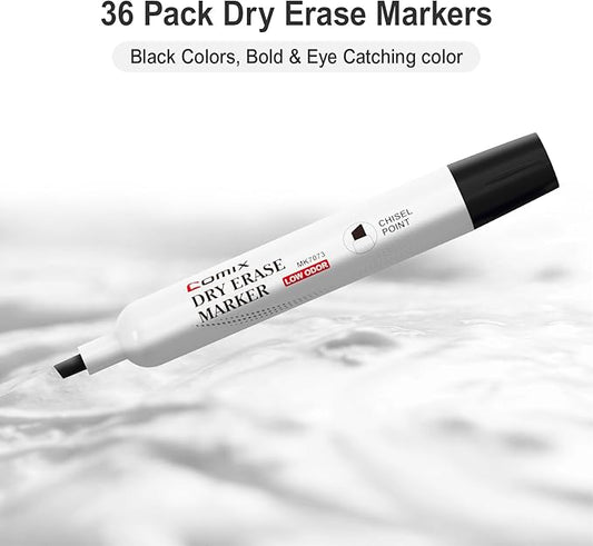 Comix Black Dry Erase Markers, Chisel Tip Whiteboard Markers, 36 Bulk Black Colors Low Odor Markers for Classroom, Teachers, Office, School Supplies