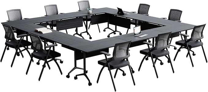 Goakwwuz Conference Room Table, Folding Conference Tables,Thicken Grey Tabletop,Flip Top Wooden Seminar Meeting Room Table for Conference Room Offices (4, BlackWoodGrain, 55.1”)