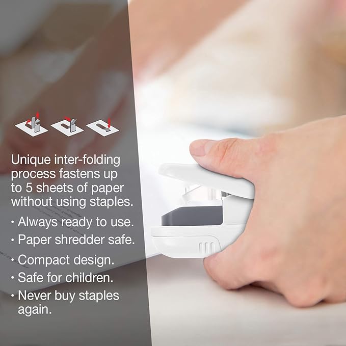 Plus Paper Clinch Compact Staple-Free Stapler — Ivory White