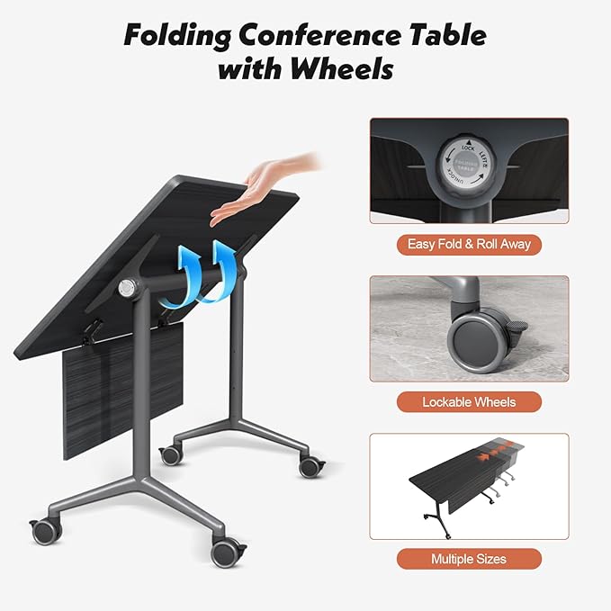 Goakwwuz Conference Room Table, Folding Conference Tables,Thicken Grey Tabletop,Flip Top Wooden Seminar Meeting Room Table for Conference Room Offices (8, BlackWoodGrain, 47.2“)