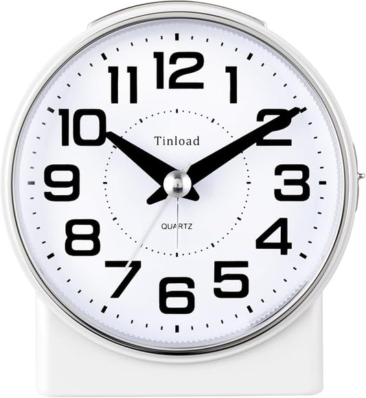 Tinload 4.3" No Ticking Analog Alarm Clock,Silent Readable for Seniors,Easy to Set,Gradual Rise Alarm,Big Numbers,On/Off Switch on Side,Gentle Wake,Snooze,Lighted on Demand,Battery Operated,White