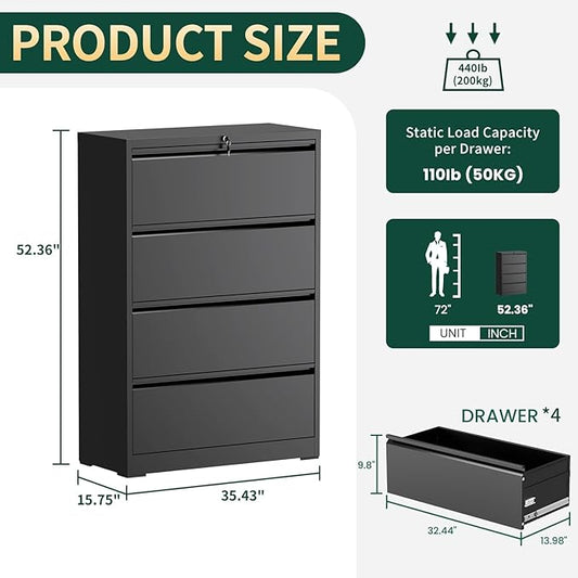 4 Drawer Lateral File Cabinet with Lock, Metal File Cabinets for Home Office, Office Furniture for Organization Hanging Legal/Letter/A4, Metal Filing Cabinet Storage Cabinet, Require Assembly, Black