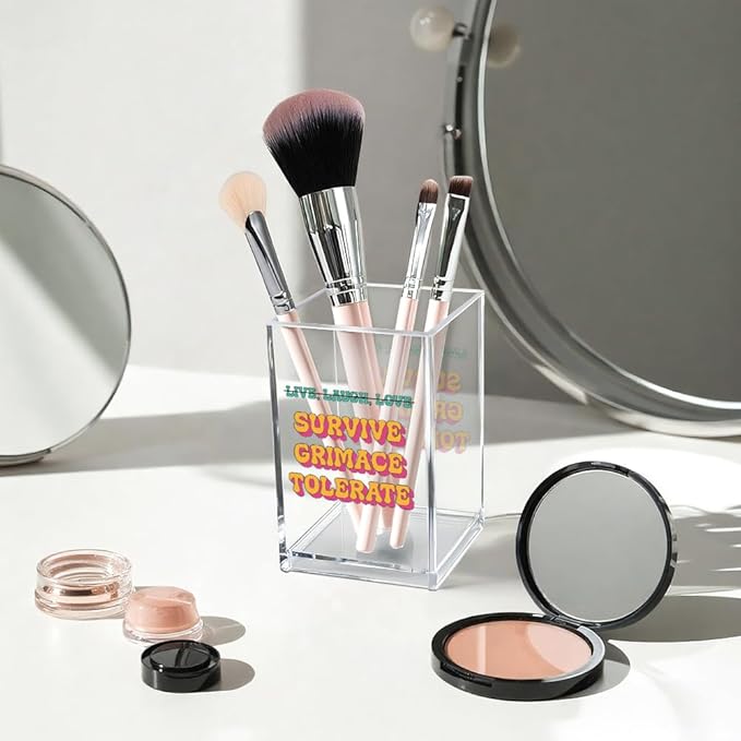 Vgrti Live Laugh Love Funny Anti Cliche Acrylic Cosmetic Pencil Pen Holder Cup, Funny Sarcastic Desk Acrylic Brushes Storage Gifts for Woman Friend Colleague Boss Teacher, Daughter Graduation Gifts