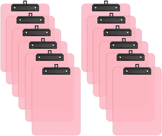 Zoenley A4 Plastic Clipboard Set of 12, Pink 12.5 x 9 Letter Size for Classroom, Students, Teacher, Nurse, A4 Clear 8.5 x 11 Clip Board with Low Profile Black Clip, Office & School Supplies