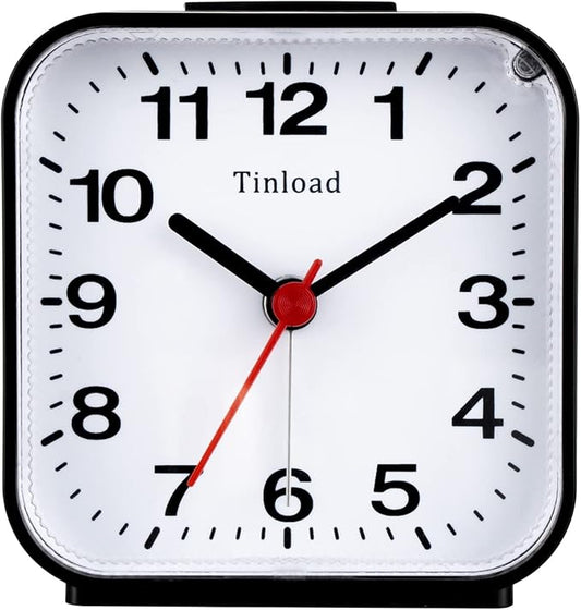 Tinload Small Battery Analog Alarm Clock Silent Non Ticking, Ascending Beep Sounds, Snooze,Light Functions (Black-B)