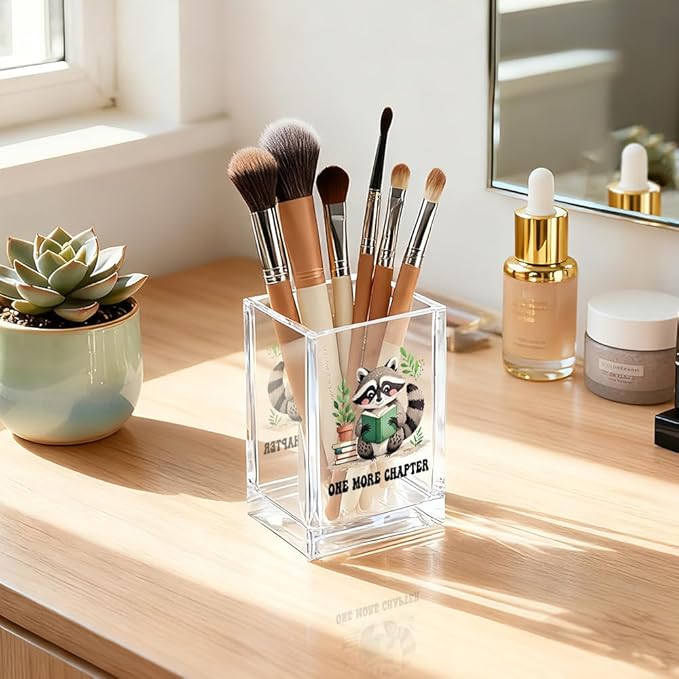 QYUVK One More Chapter Acrylic Pencil Holder Cup, Book Lover Gifts for Women, Funny Reading Raccoon Desk Organizer and Accessories for Raccoon Lover Bookish Bookworms Readers, Pen & Bookmark Holder