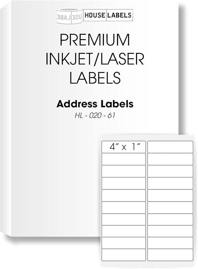 HOUSELABELS 20-up Shipping Labels (4" x 1") for Laser and Inkjet Printers, 100 Sheets