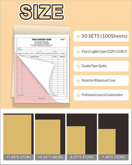 Custom Carbonless Invoice Book with Logo, Personalized Cover & Inner Pages, 2 Part NCR Receipt & Work Order Forms, Easy Tear, Writing Shield for Small Business (2-Part [White/Red], 7.48 x 5.12INCH)
