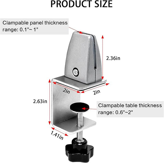 Heavy Duty Sneeze Guard Clamp For 0.1" to 1" Thick Panel,Desk Partition Support Clamps,Adjustable Aluminum Desktop Divider Holder,Easy to Install Desk Privacy Panel Clips, 4 Pack,Silver