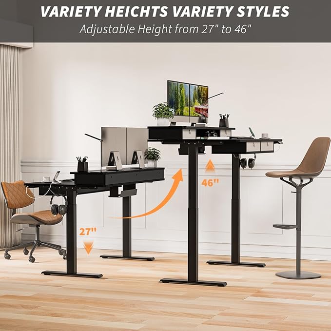 Kingant 63 x 30 Inch Electric Standing Desk with 4 Drawers, Adjustable Height Computer Desk for Home Office, Large Workstation Sit Stand Up Desk with Built-in USB A/C Charging Ports, Black