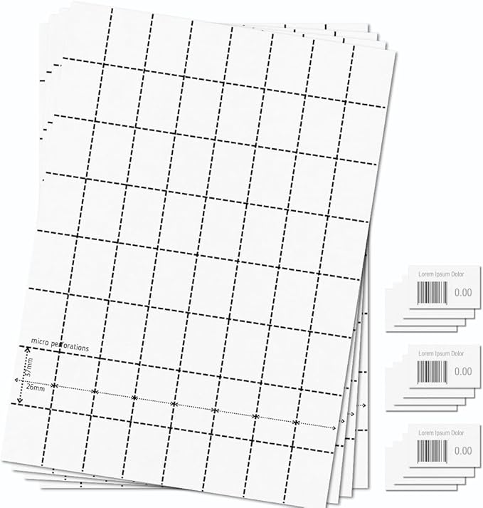 OfficeGear barcode price labels — perforated A4 sheets with 64-up shelf-edge tickets, 1,600 labels