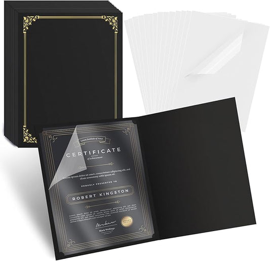 30 Pcs Certificate Holders 8.5 x 11 Additional 30 Pcs Plastic Film, Diploma Covers Gold Foil Border Certificate Holder for Letter Size 8.5x11 Cardstock,Certificates,Document Papers (Black, 30 Sets)