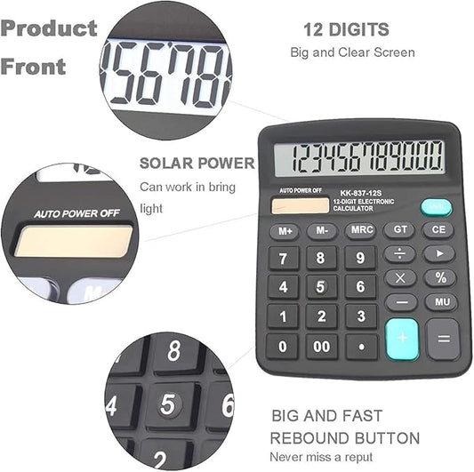 BESTWYA Calculators, Large Button Calculator with Angled LCD Display 12-Digit Dual Power Handheld Desktop Feature for Office, School, Home(Black, Pack of 5)
