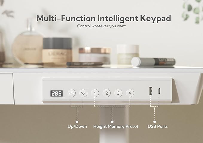 Claiks Glass Standing Desk with Drawers, 55 Inch Adjustable Stand Up Desk, Quick Install Home Office Computer Desk with USB Ports, White