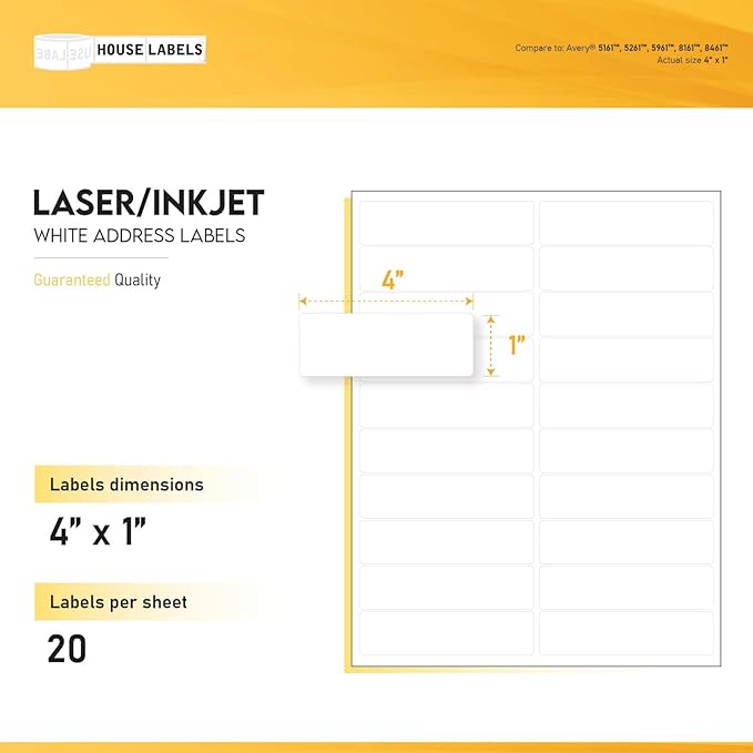 HOUSELABELS 20-up Shipping Labels (4" x 1") for Laser and Inkjet Printers, 800 Sheets