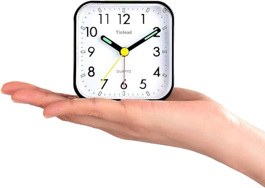 Tinload Small Battery Operated Analog Travel Alarm Clock Silent Non Ticking, Gentle Wake, Ascending Beep Sounds, Snooze,Lighted on Demand, Easy Set(Black)