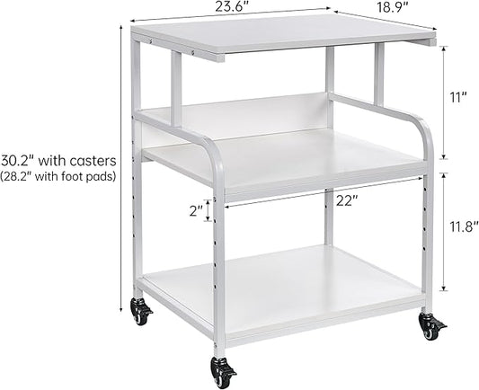 Fannova White Printer Stand, 23.6 x18.9 x 30 Inches Big Size Printer Table with Adjustable Shelf, 3 Tier Rolling Printer Cart with Wheels for Home Office Storage and Organization