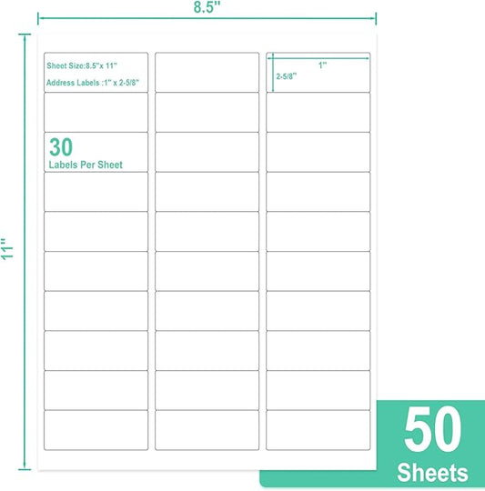 L LIKED Printable Address Labels, 1" x 2-5/8", 1,500 Labels, 30 per Sheet, Mailing Labels for Envelopes (50 Sheets)