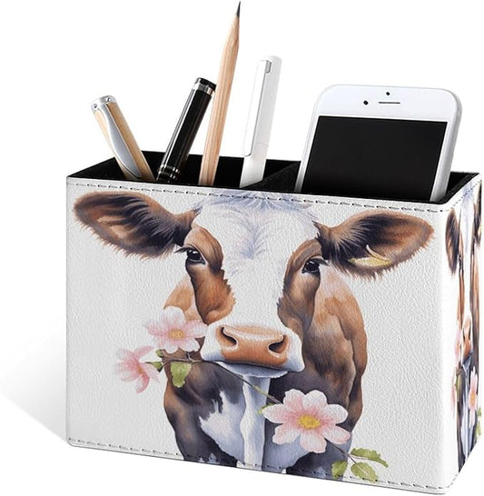 Famame Cow Eating Pink Flowers Pencil Holder for Desk, Leather Desktop Container Pen Cup Storage Study Table Pen Organizer Makeup Brush Holder for Classroom Office Home