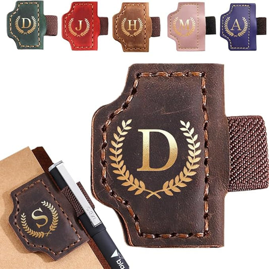 Personalized Mark Bookmark with Pen Holder, Leather Magnetic Book Marker 26 Letters,Custom Initials Page Marks, Gifts for Book Lovers Readers Men Women (Coffee, D)
