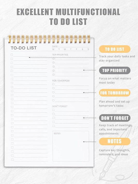 To Do List Notepad for Work, Productivity & Goal Setting, Undated Spiral Daily Planner with 52 Sheets Task Checklist, Time Management, 100 GSM Paper for Office, Family, Personal Use