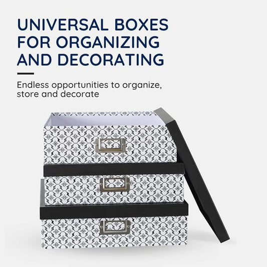 Soul & Lane Black and White Decorative Storage Boxes with Lids for Organizing, Set of 3 Jumbo Scrapbook Storage Boxes for Documents, Keepsakes, Memories, Modern Trellis