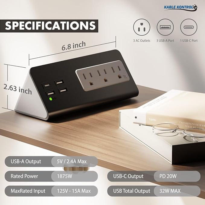 Kable Kontrol Desk Clamp Power Strip with USB-C Port, Nightstand Charging Station, 3 AC Outlets, 3 USB-A Ports, Fast Charger, Easy Installation for Home, Offices, Hotels – 4.9 Ft, Black, 1 Pc