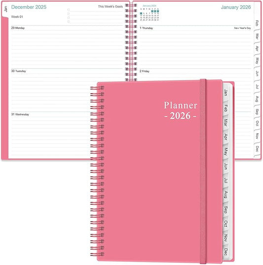 2026 Planner - Planner 2026 from January 2026 to December 2026 with 12 Monthly Tabs, Flexible Cover, Inner Pocket, 8.5" x 11", Pink