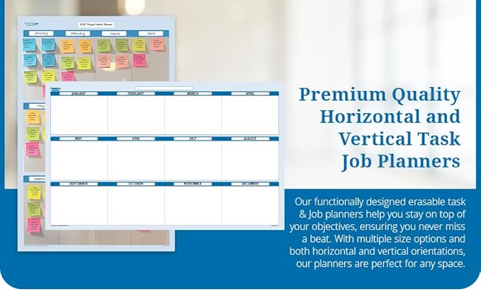 Sky Blue 12 Section Task, Objective and Goals Planning System Vertical 48" Tall 32" Wide. Wall Tray, Dry-Erase Marker, Eraser and 600 Sticky-Notes