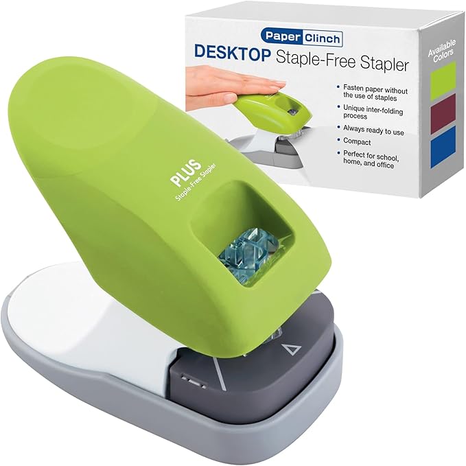 Plus Paper Clinch Desktop Staple-Free Stapler — Green