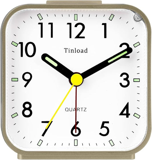Tinload Small Battery Operated Analog Travel Alarm Clock Silent Non Ticking,Gentle Wake, Ascending Beep Sounds, Snooze,Lighted on Demand,Easy Set(Gold)