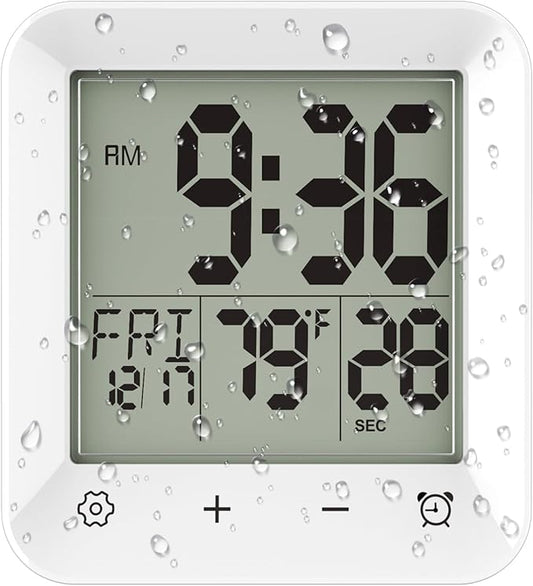 Wisoee Digital Shower Clock Waterproof, Bathroom Wall Clock Timer with Touch Screen, Temperature, LCD Display, Suction Cup Hanging Hole Stand for Kids and Adults