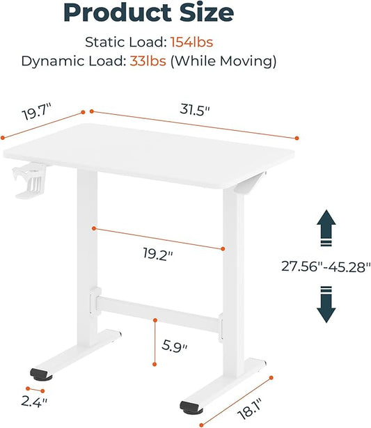 FitStand Small Small Pneumatic Adjustable Stand Up Desk, Rolling One-Piece Standing Desk 31.5 x 19.7 Inch, Home Office Desk Computer Workstation, White