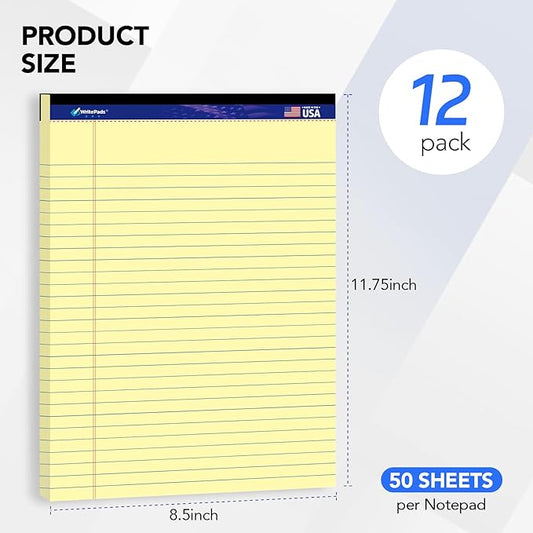 WritePads Legal note pads 8.5"x11" Legal Pads,Wide Ruled,Canary Paper,12 Pack,50 Sheets Per Writing Pad,Micro perforated Writing Pad,BL-MCY50W-12PAD
