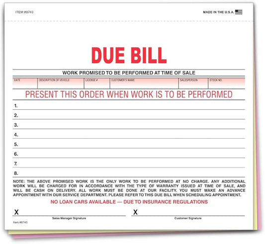 Vehicle Due Bill Form - 3-Part Carbonless Snap-Out 8.5 x 7.75 Car Dealership Service Agreement Forms, Auto Repair Vehicle Documentation Forms NCR - White, Canary, Pink - Pack of 300