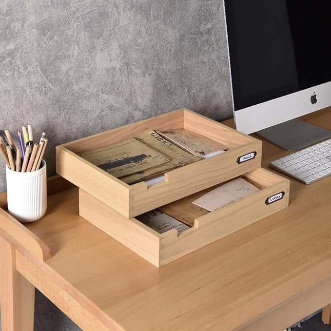 KIRIGEN Wood Desk Organizer Set of 2 Stackable Paper Tray Desktop Document Storage Wooden Letter Trays 2TTP-NA
