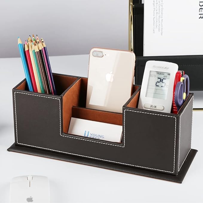KINGFOM Wood + Leather Double-Holder Desk Organizer — Dark Brown