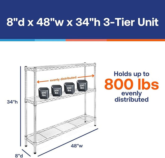 Shelving Inc. 8" d x 48" w Chrome Wire Shelving with 3 Tier Shelves, Weight Capacity 800lbs Per Shelf