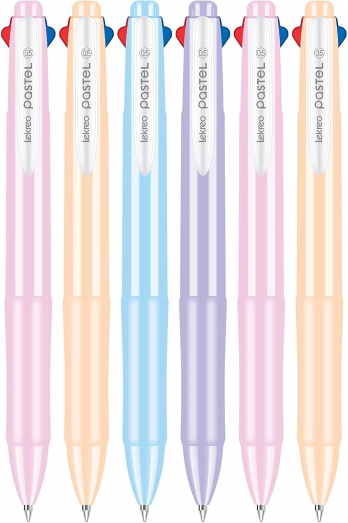 Lekreo 4-in-1 multi-color ballpoint pens — 0.7 mm medium tip, set of 6 pastel pens with 4 ink colors each