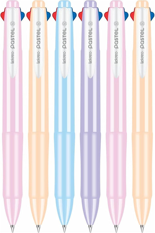 Lekreo 4-in-1 multi-color ballpoint pens — 0.7 mm medium tip, set of 6 pastel pens with 4 ink colors each